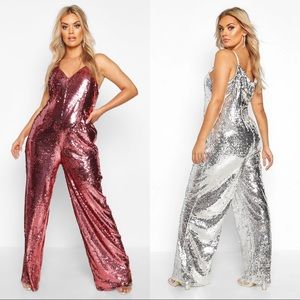 Boohoo Pink Sequin Strappy Wide Leg Jumpsuit